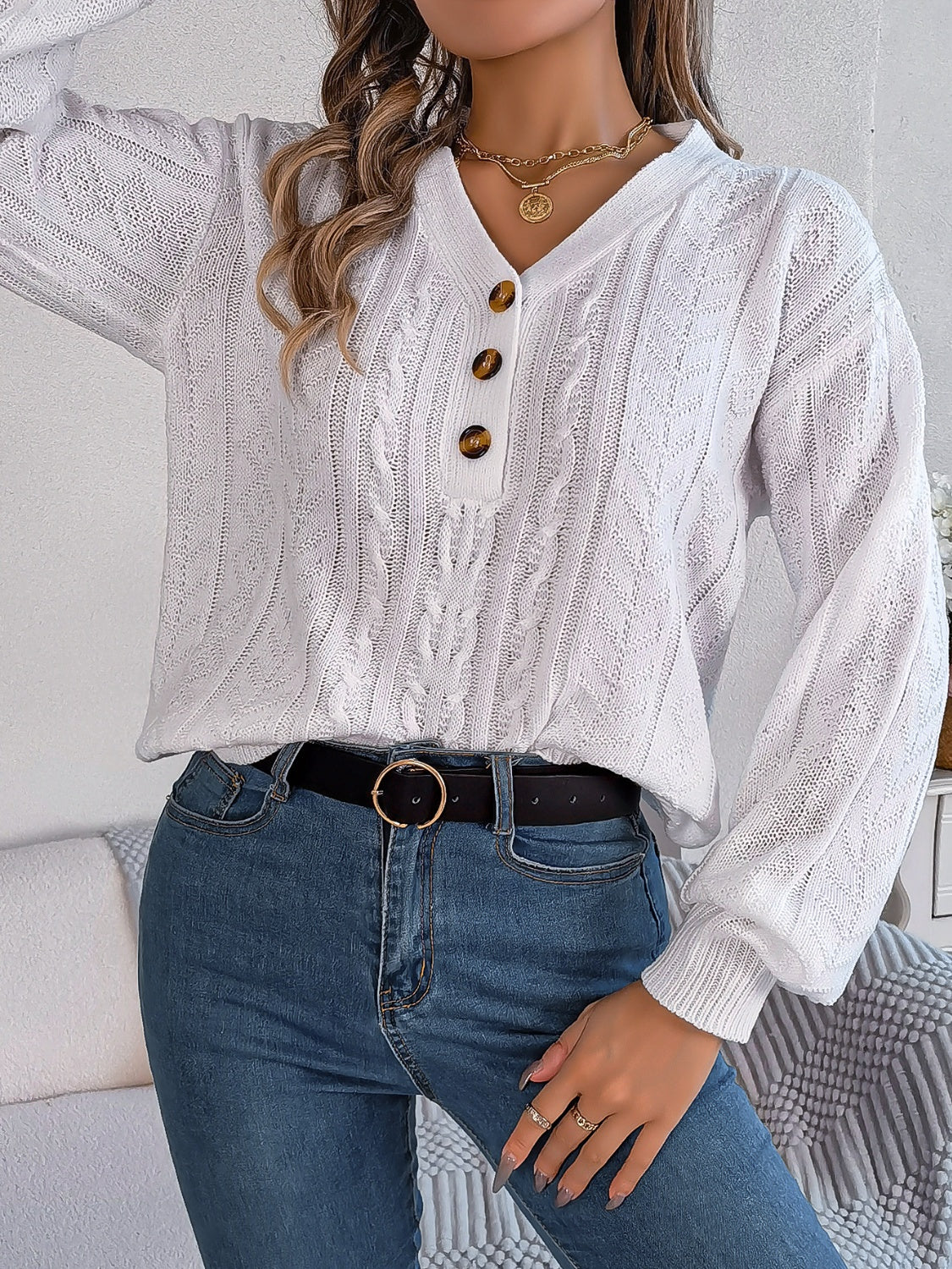 Cable-Knit V-Neck Long Sleeve Sweater-BT8D