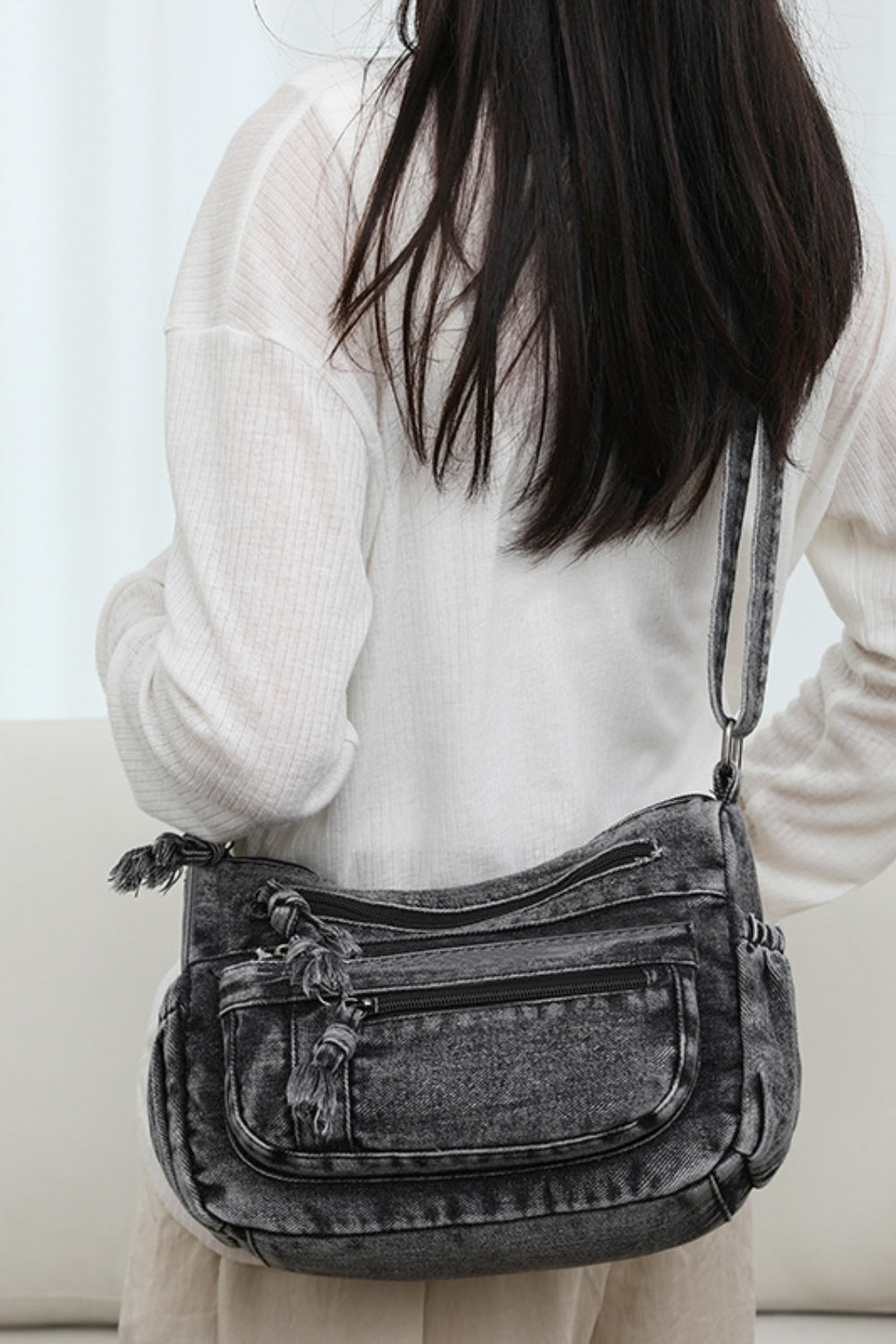 Adjustable Strap Denim Crossbody Bag-BT8D