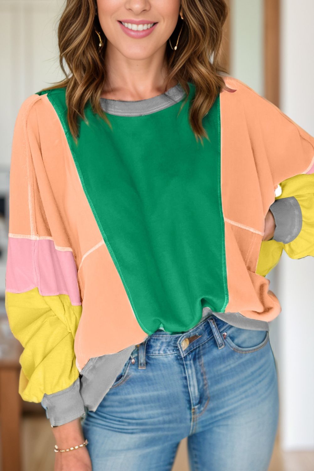 Color Block Round Neck Long Sleeve Top-BT8D