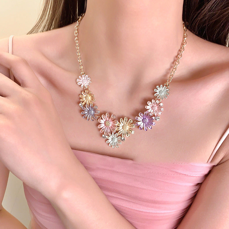 Alloy Rhinestone Daisy Necklace-BT8D