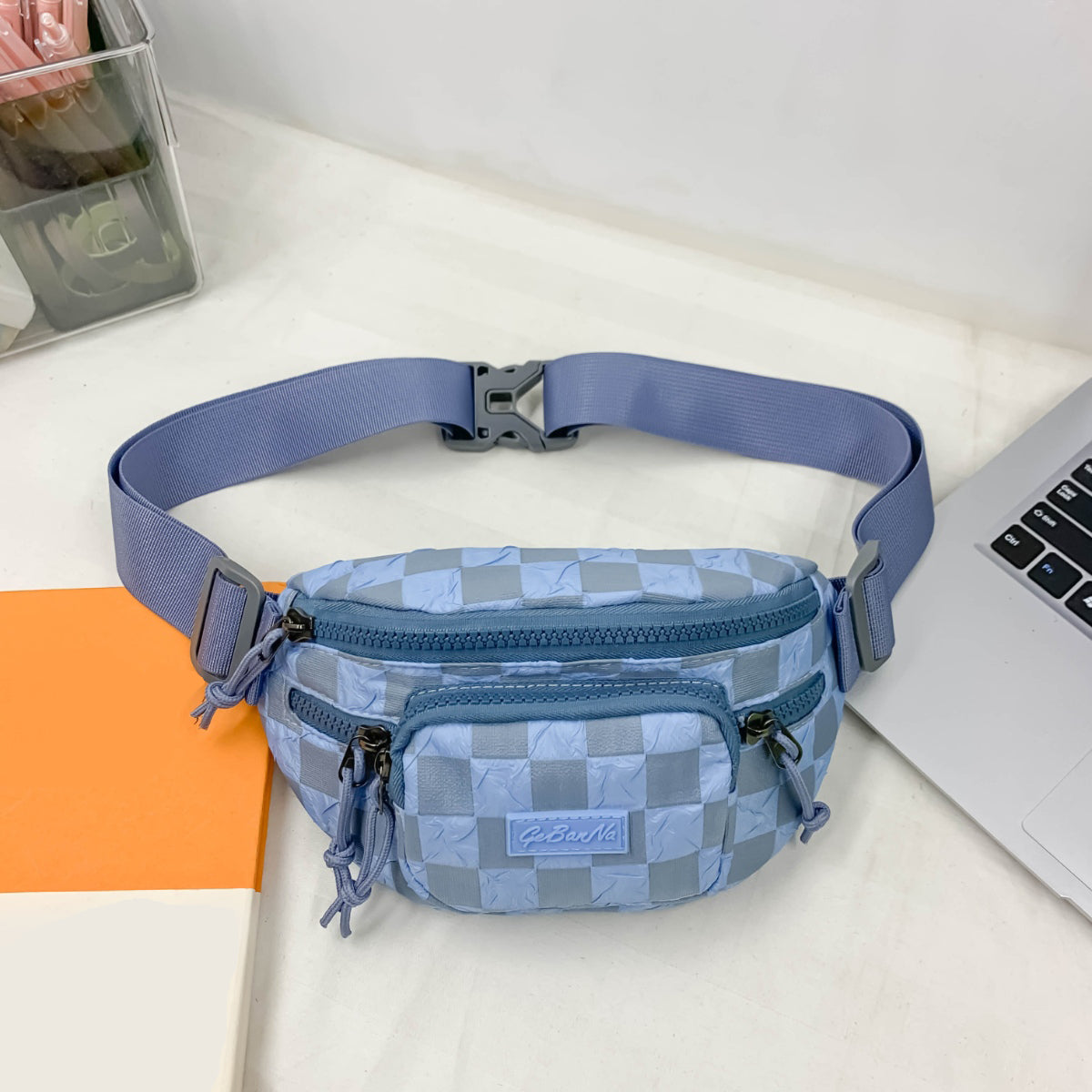 Checkered Adjustable Strap Nylon Crossbody Bag-BT8D