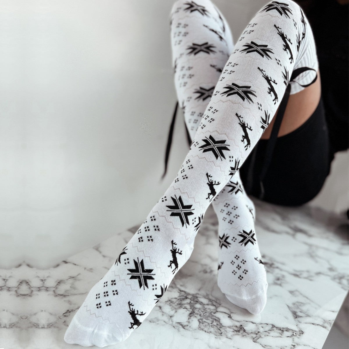 Christmas Element Bowknot Ribbed Trim Over Knee Stockings-BT8D