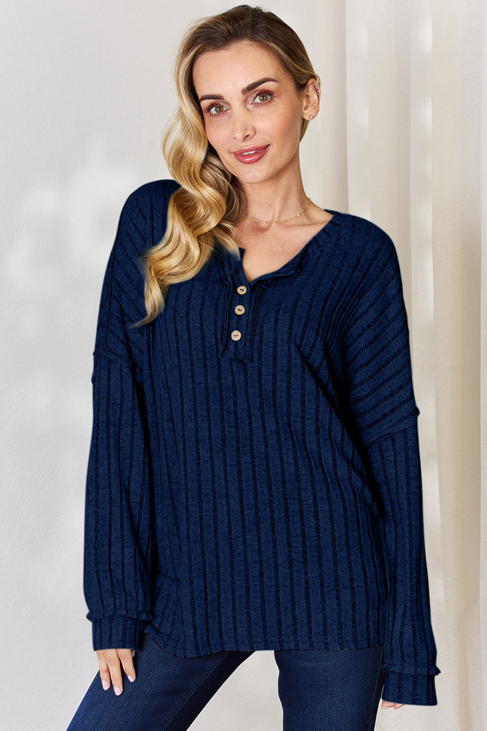 Basic Bae Full Size Ribbed Half Button Long Sleeve T-Shirt-BT8D