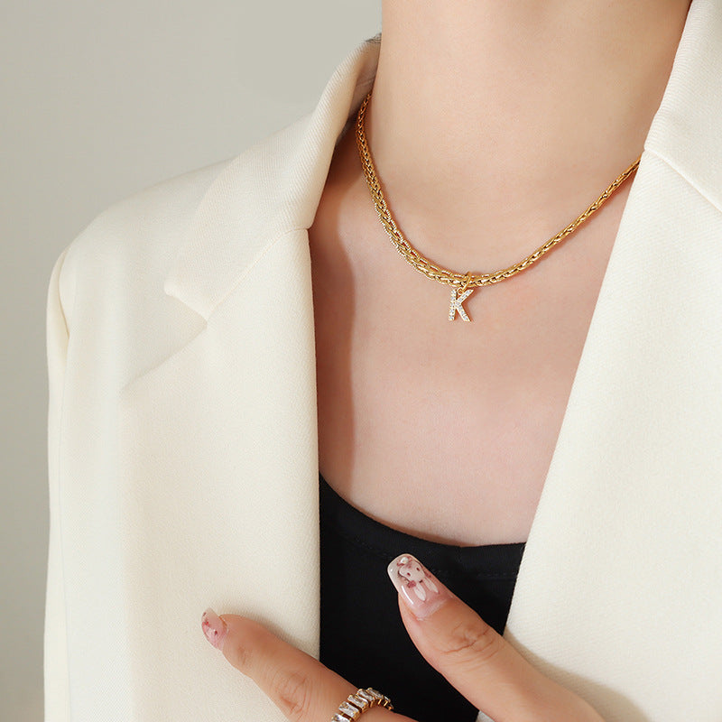 Brass Inlaid Zircon Letter Pendant Necklace-BT8D