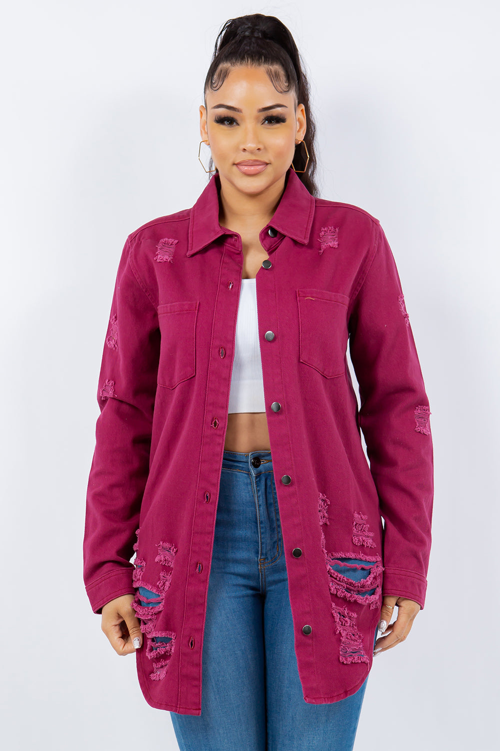 American Bazi Distressed Button Up Long Sleeve Denim Jacket-BT8D