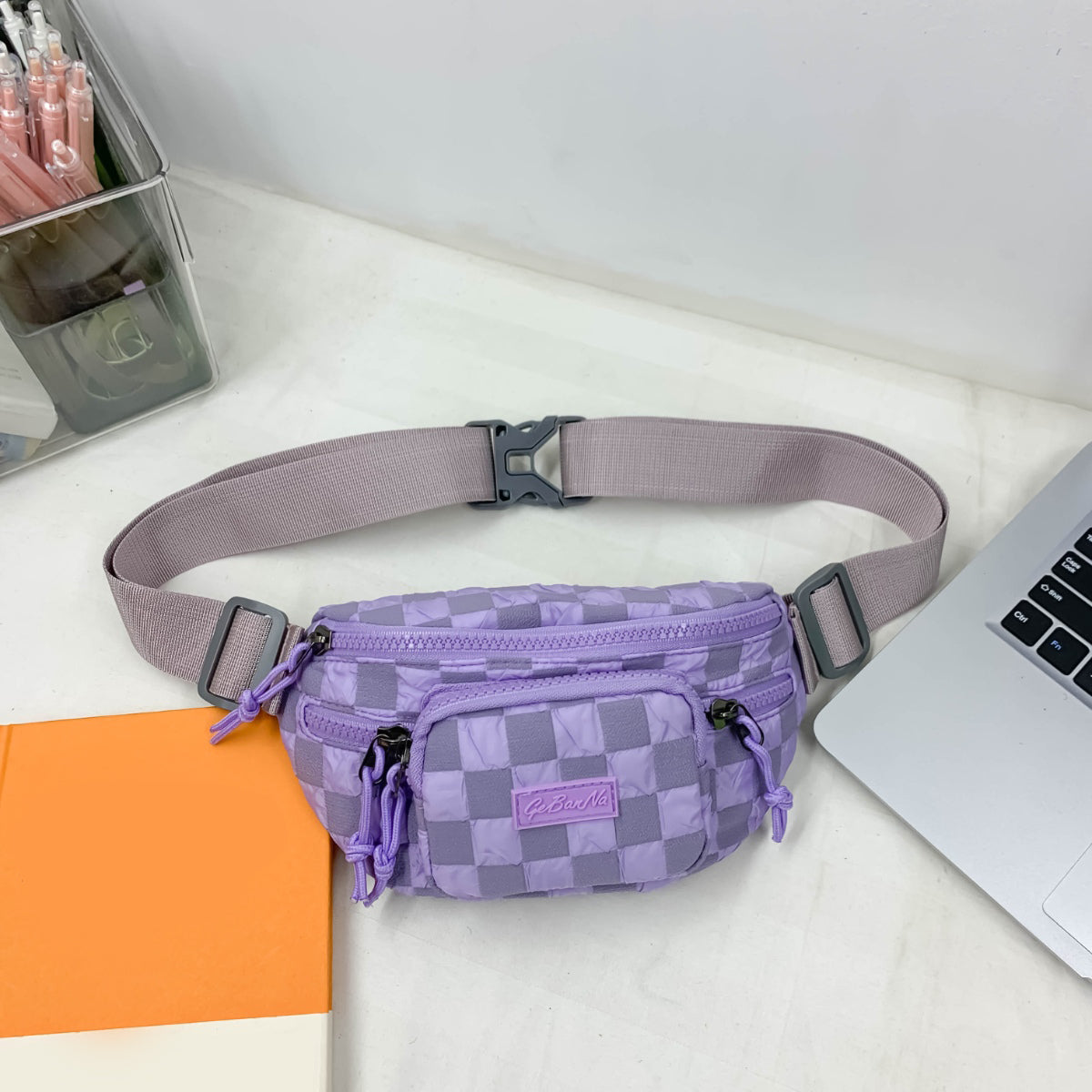 Checkered Adjustable Strap Nylon Crossbody Bag-BT8D