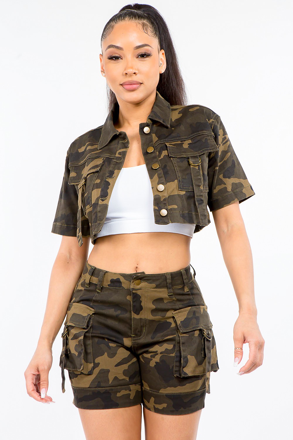 American Bazi Full Size Camouflage Short Sleeve Cropped Jacket-BT8D