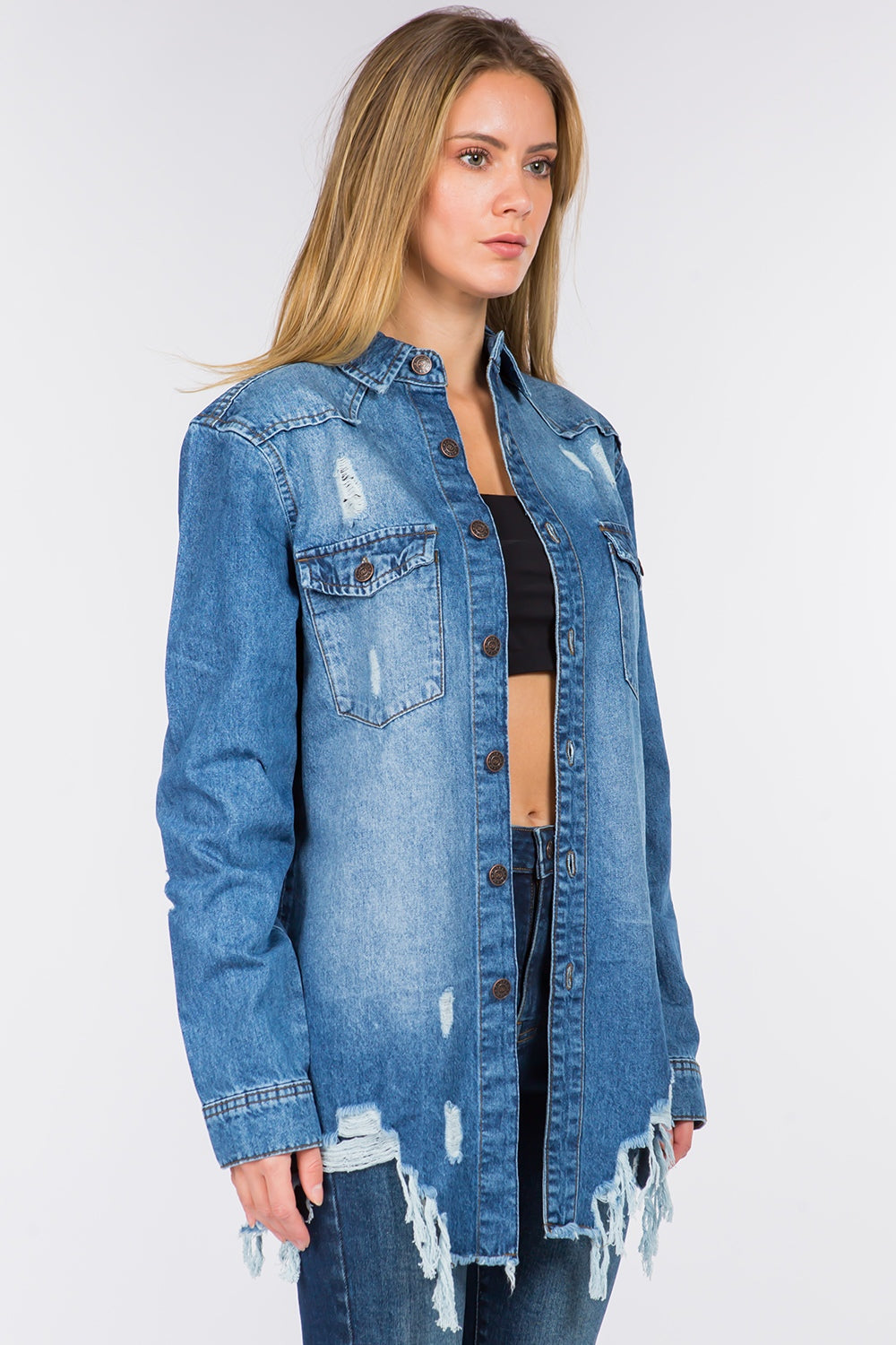 American Bazi Distressed Frayed Hem Denim Jacket-BT8D