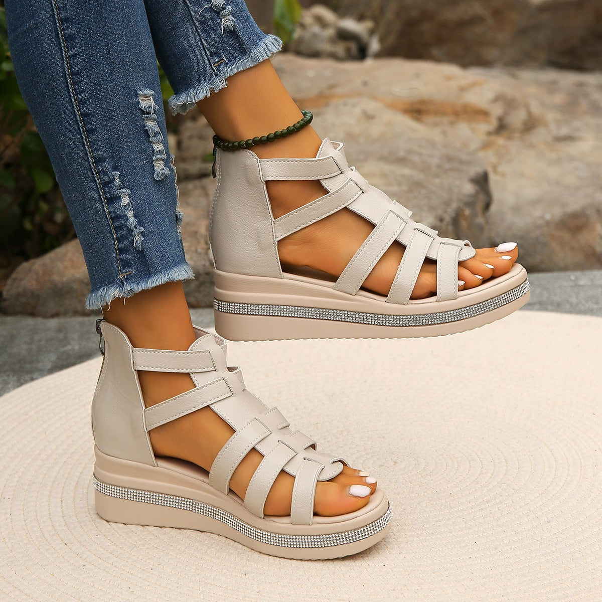 Cutout Rhinestone Trim Wedge Sandals-BT8D