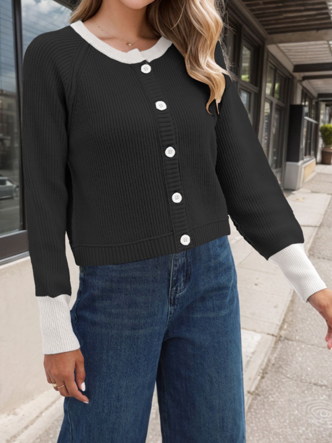 Contrast Button Up Long Sleeve Cardigan-BT8D