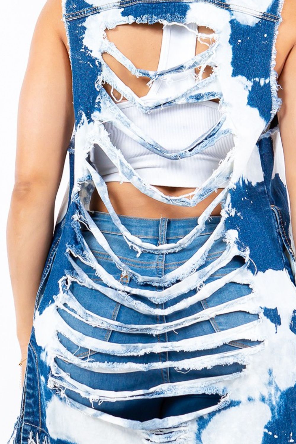 American Bazi Distressed Frayed Edge Longline Denim Vest-BT8D