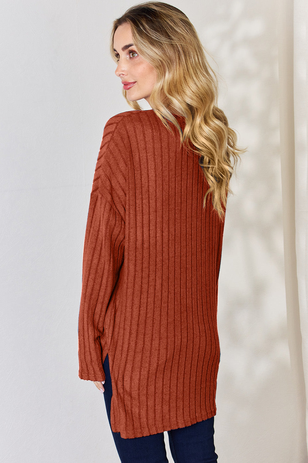 Basic Bae Full Size Ribbed Half Button Long Sleeve High-Low T-Shirt-BT8D