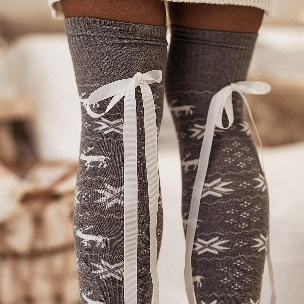 Christmas Element Bowknot Ribbed Trim Over Knee Stockings-BT8D