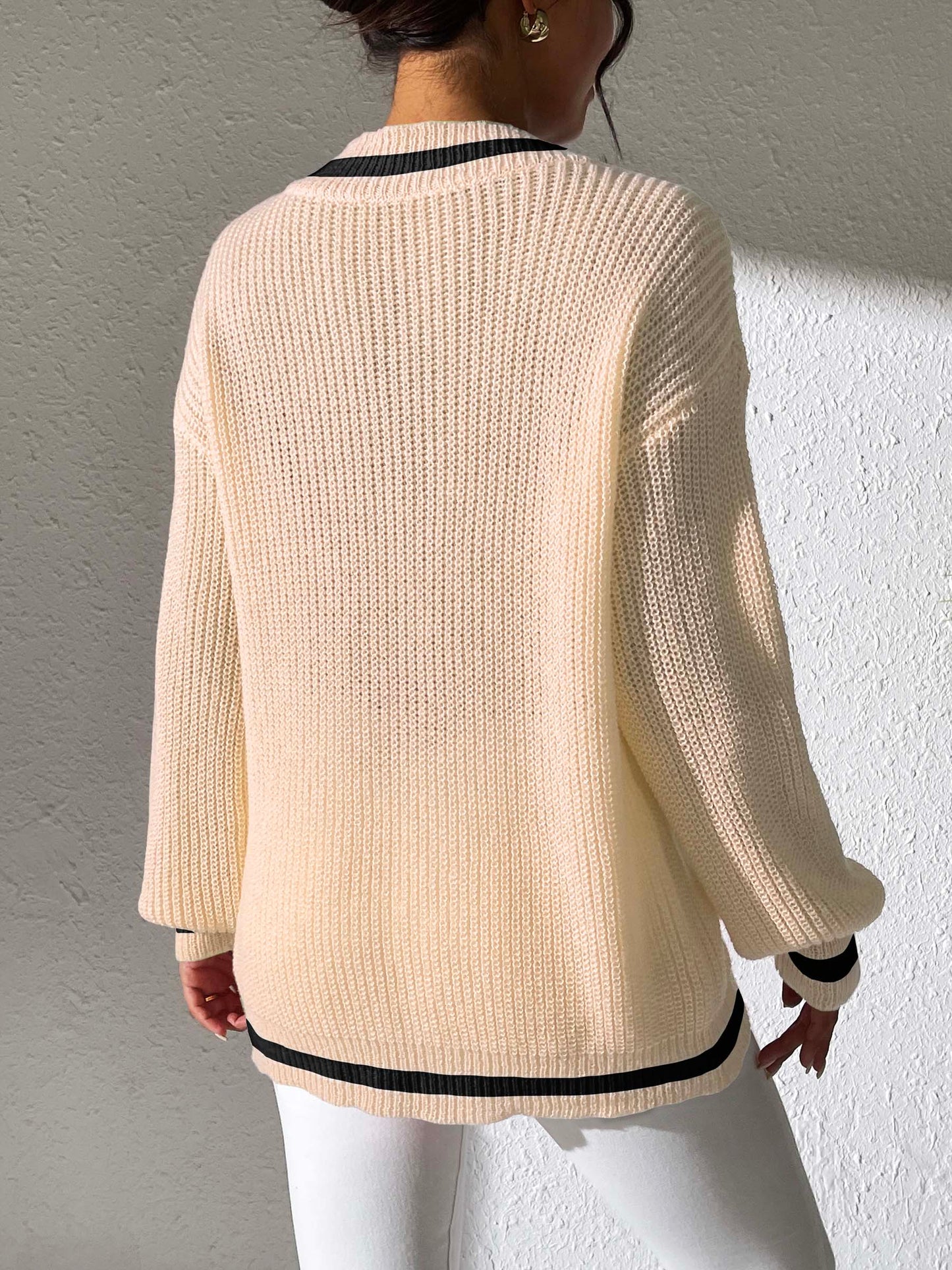 Contrast Trim V-Neck Long Sleeve Sweater-BT8D