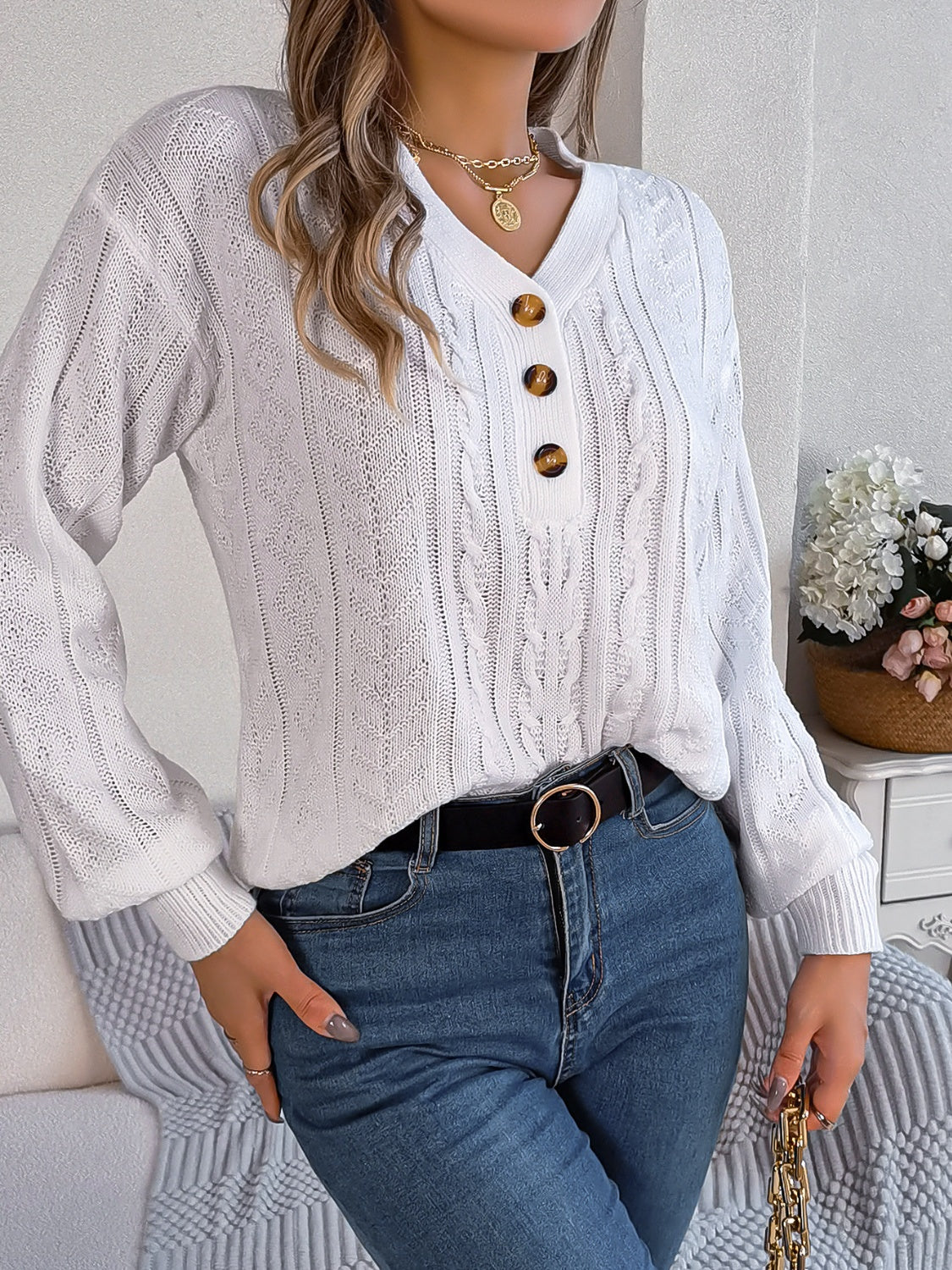 Cable-Knit V-Neck Long Sleeve Sweater-BT8D
