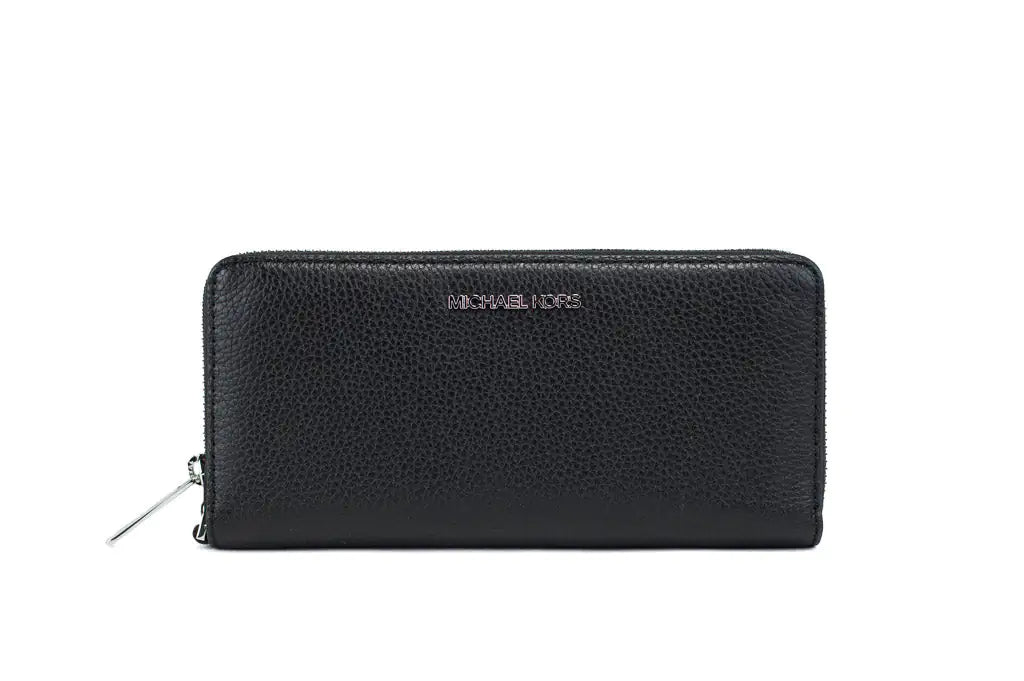 Michael Kors Jet Set Travel Large Black Leather Silver Continental Wrist Wallet