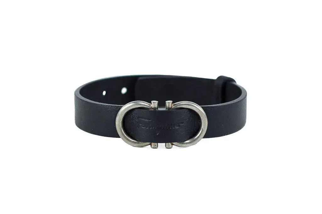 Salvatore Ferragamo Black Calf Leather Gancio Hook Logo Lettering Bracelet