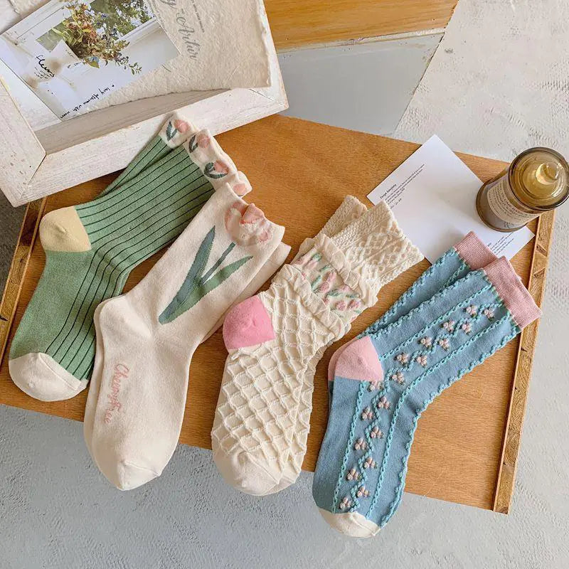 Retro Tulip Floral Cotton Socks