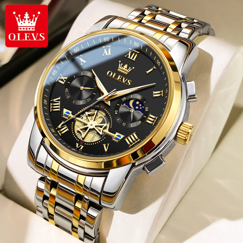 OLEVS Top Brand Couple Watches Stainless Steel Waterpoof Chronograph Moon Phase Flywheel Design Lover's Wristwatch for Men Women