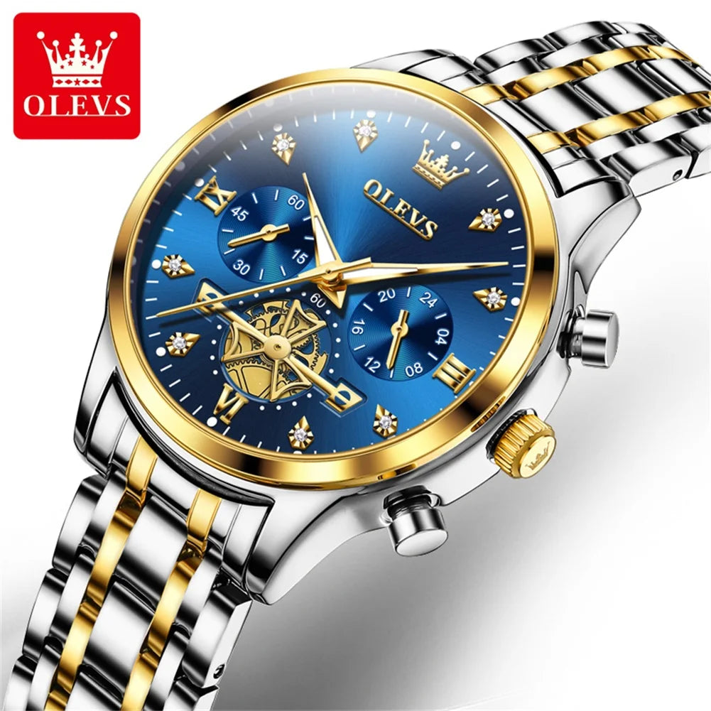 OLEVS Top Brand Couple Watches Stainless Steel Waterpoof Chronograph Moon Phase Flywheel Design Lover's Wristwatch for Men Women