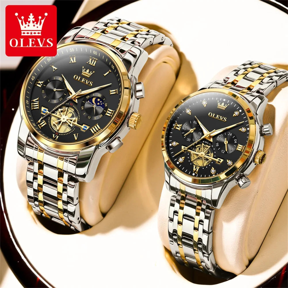 OLEVS Top Brand Couple Watches Stainless Steel Waterpoof Chronograph Moon Phase Flywheel Design Lover's Wristwatch for Men Women