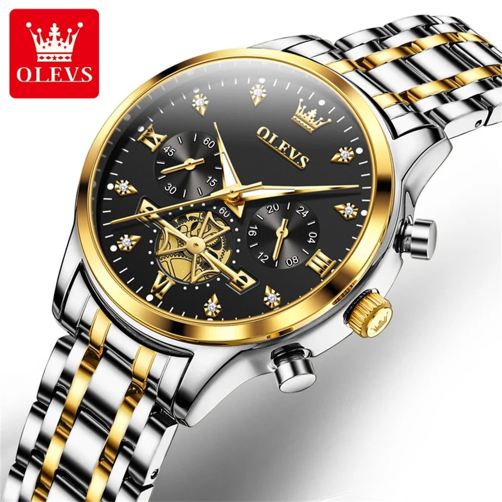 OLEVS Top Brand Couple Watches Stainless Steel Waterpoof Chronograph Moon Phase Flywheel Design Lover's Wristwatch for Men Women