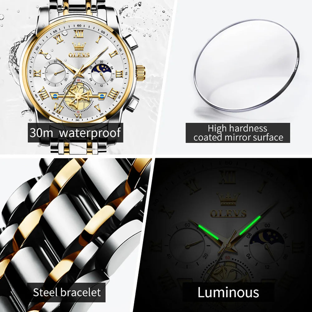 OLEVS Top Brand Couple Watches Stainless Steel Waterpoof Chronograph Moon Phase Flywheel Design Lover's Wristwatch for Men Women
