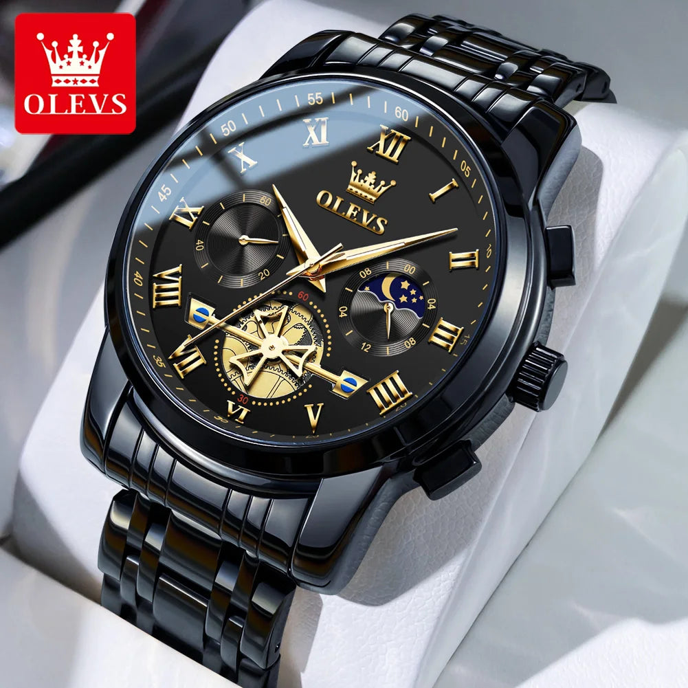 OLEVS Top Brand Couple Watches Stainless Steel Waterpoof Chronograph Moon Phase Flywheel Design Lover's Wristwatch for Men Women