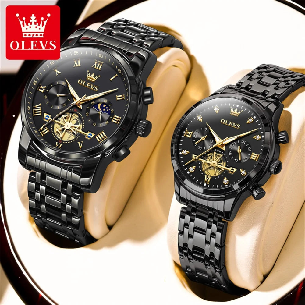 OLEVS Top Brand Couple Watches Stainless Steel Waterpoof Chronograph Moon Phase Flywheel Design Lover's Wristwatch for Men Women