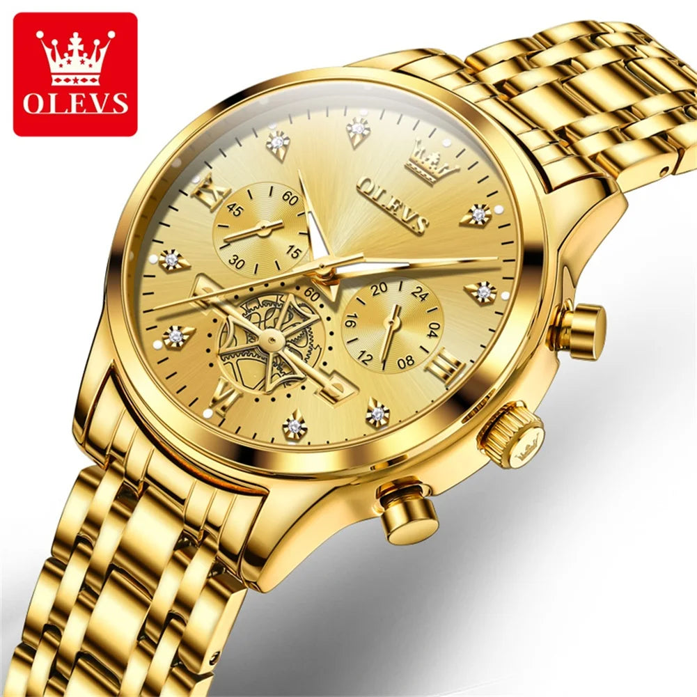 OLEVS Top Brand Couple Watches Stainless Steel Waterpoof Chronograph Moon Phase Flywheel Design Lover's Wristwatch for Men Women