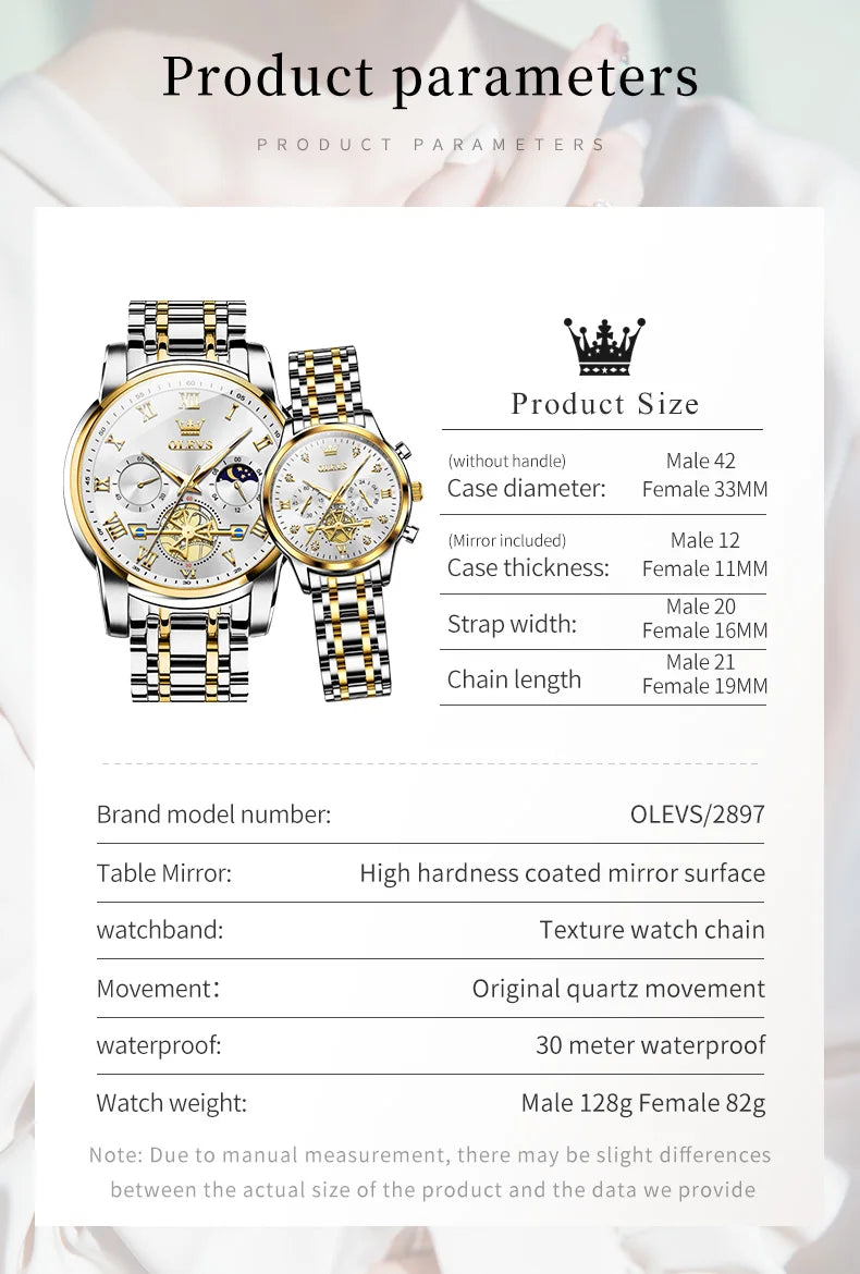 OLEVS Top Brand Couple Watches Stainless Steel Waterpoof Chronograph Moon Phase Flywheel Design Lover's Wristwatch for Men Women