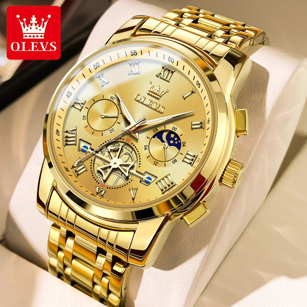 OLEVS Top Brand Couple Watches Stainless Steel Waterpoof Chronograph Moon Phase Flywheel Design Lover's Wristwatch for Men Women