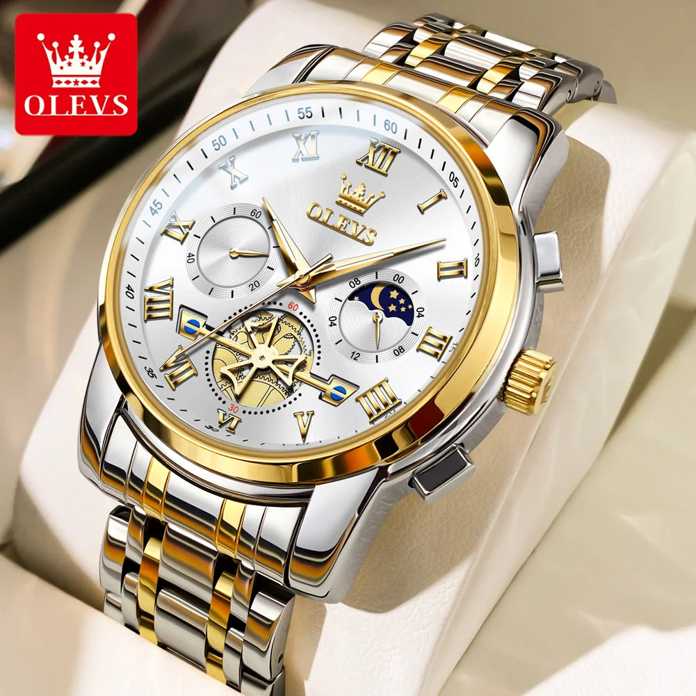 OLEVS Top Brand Couple Watches Stainless Steel Waterpoof Chronograph Moon Phase Flywheel Design Lover's Wristwatch for Men Women