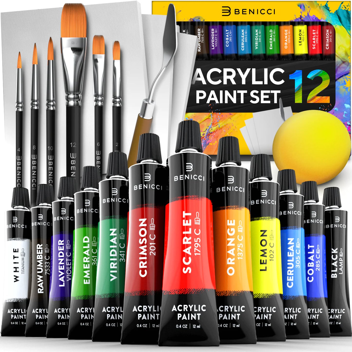 Acrylic Paint Set for Kids, Artists and Adults - 12 Vibrant Colors, 6 Brushes and 3 Paint Canvases - Perfect for Beginners or Professionals-BT8D
