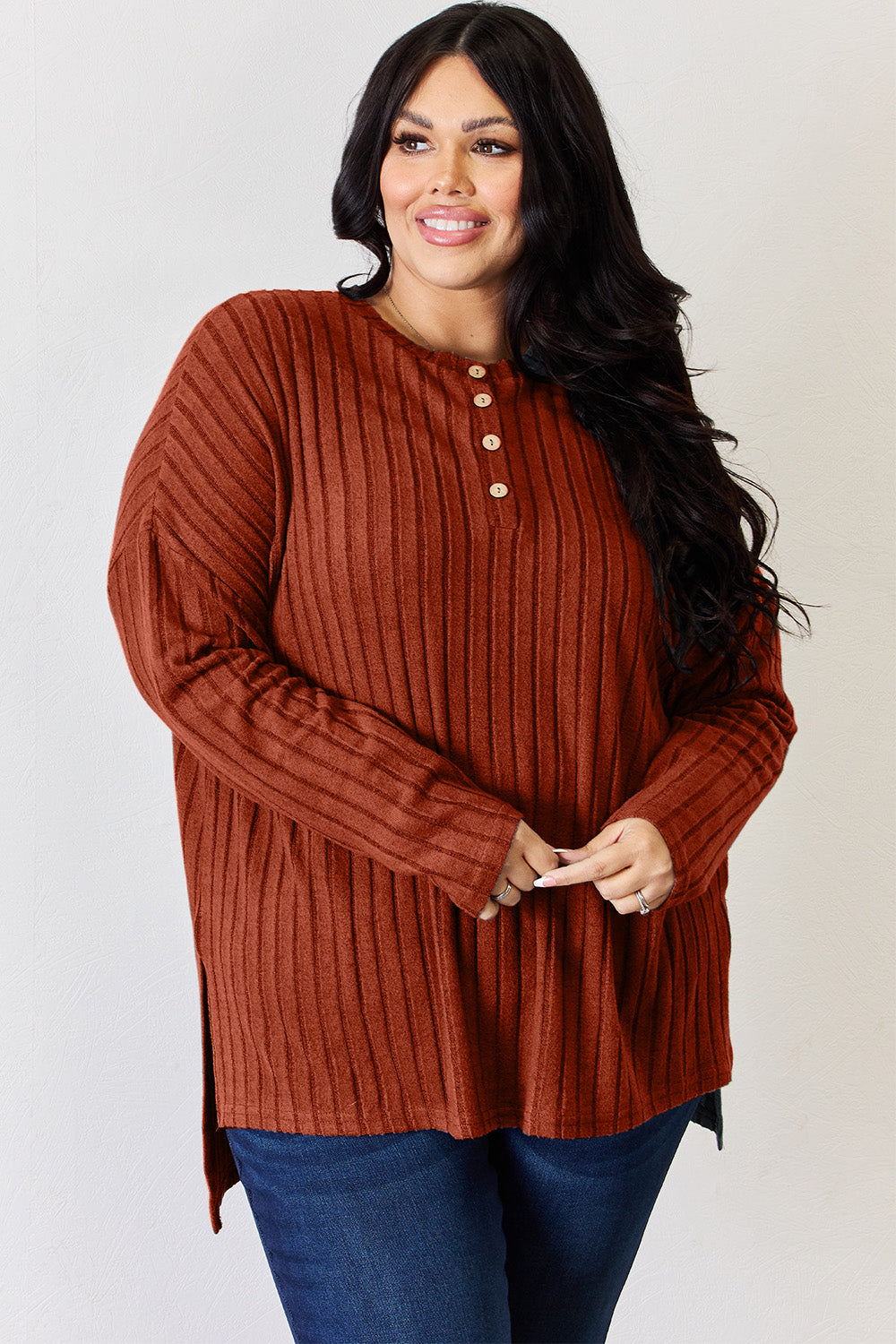 Basic Bae Full Size Ribbed Half Button Long Sleeve High-Low T-Shirt-BT8D