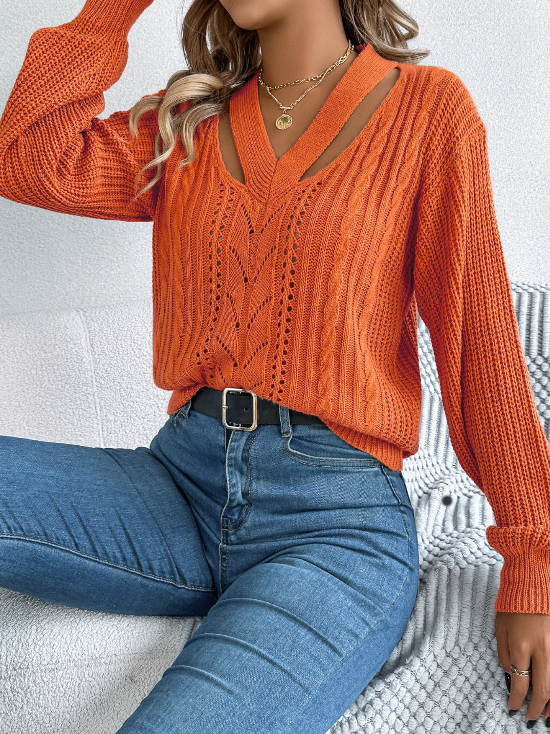Cutout V-Neck Long Sleeve Sweater-BT8D