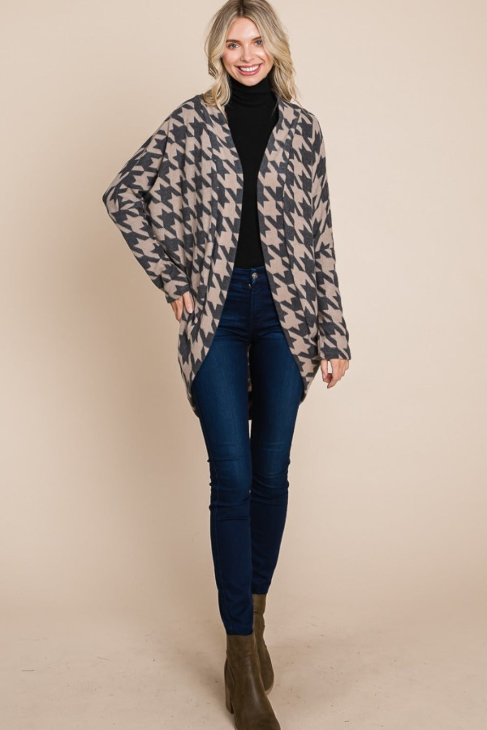 BOMBOM Houndstooth Open Front Cocoon Knit Cardigan-BT8D