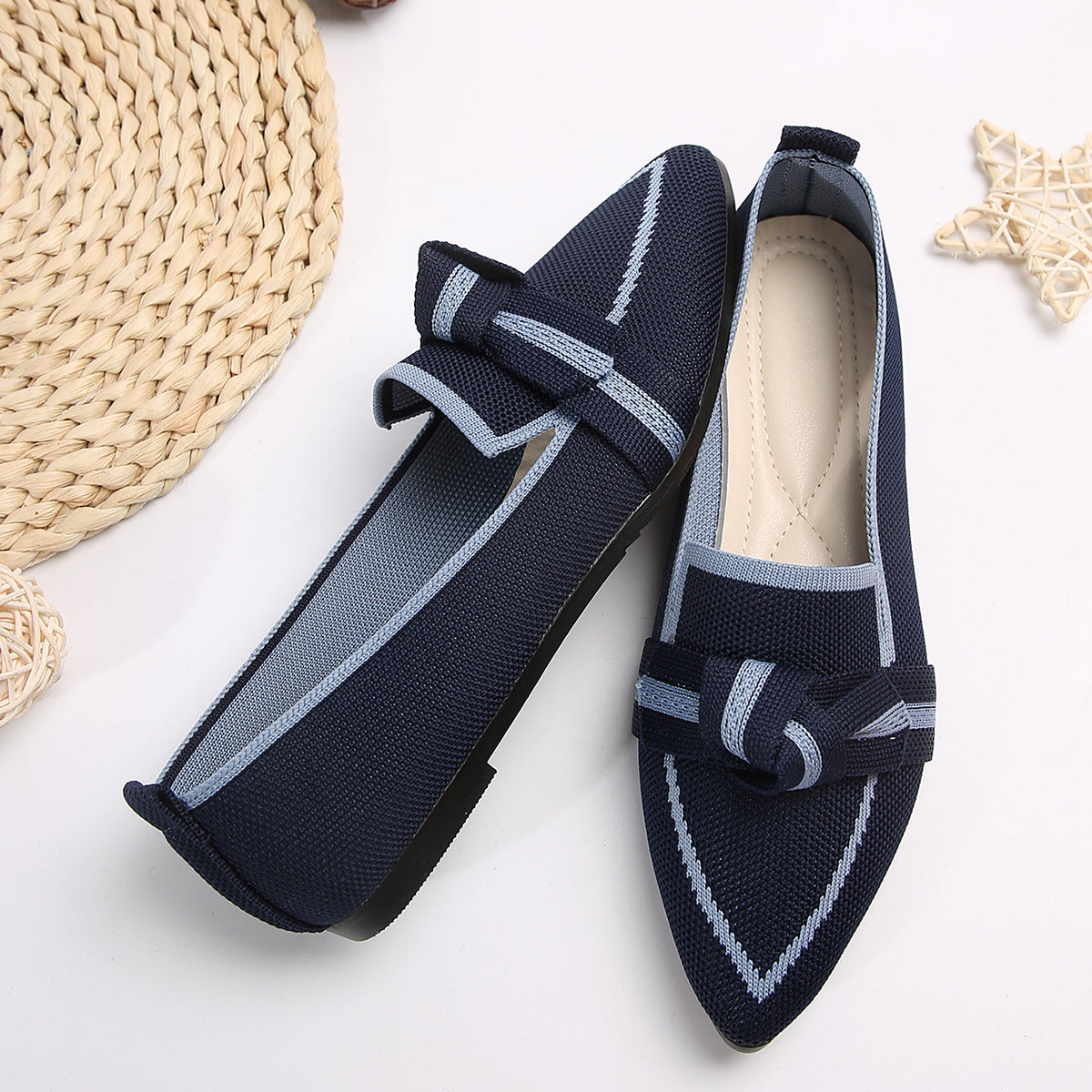 Bow Contrast Trim Point Toe Loafers-BT8D