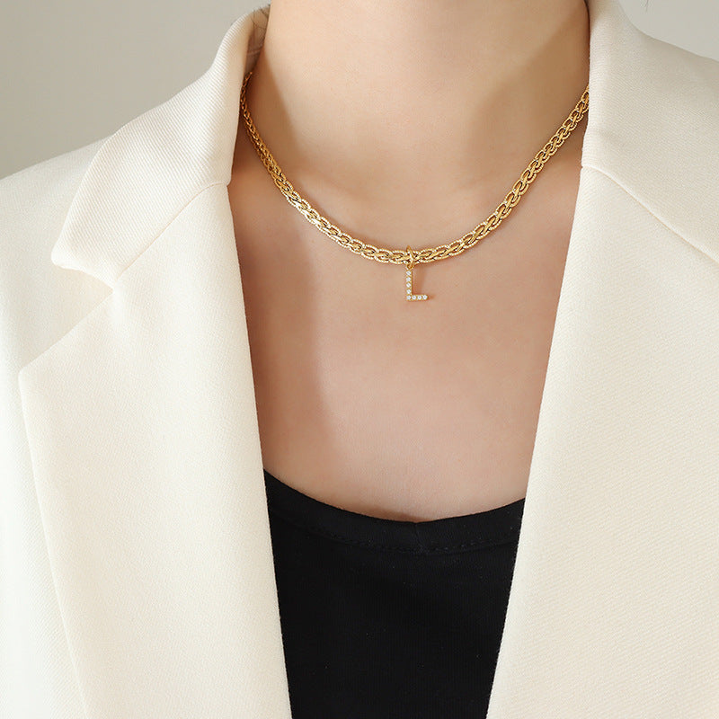 Brass Inlaid Zircon Letter Pendant Necklace-BT8D