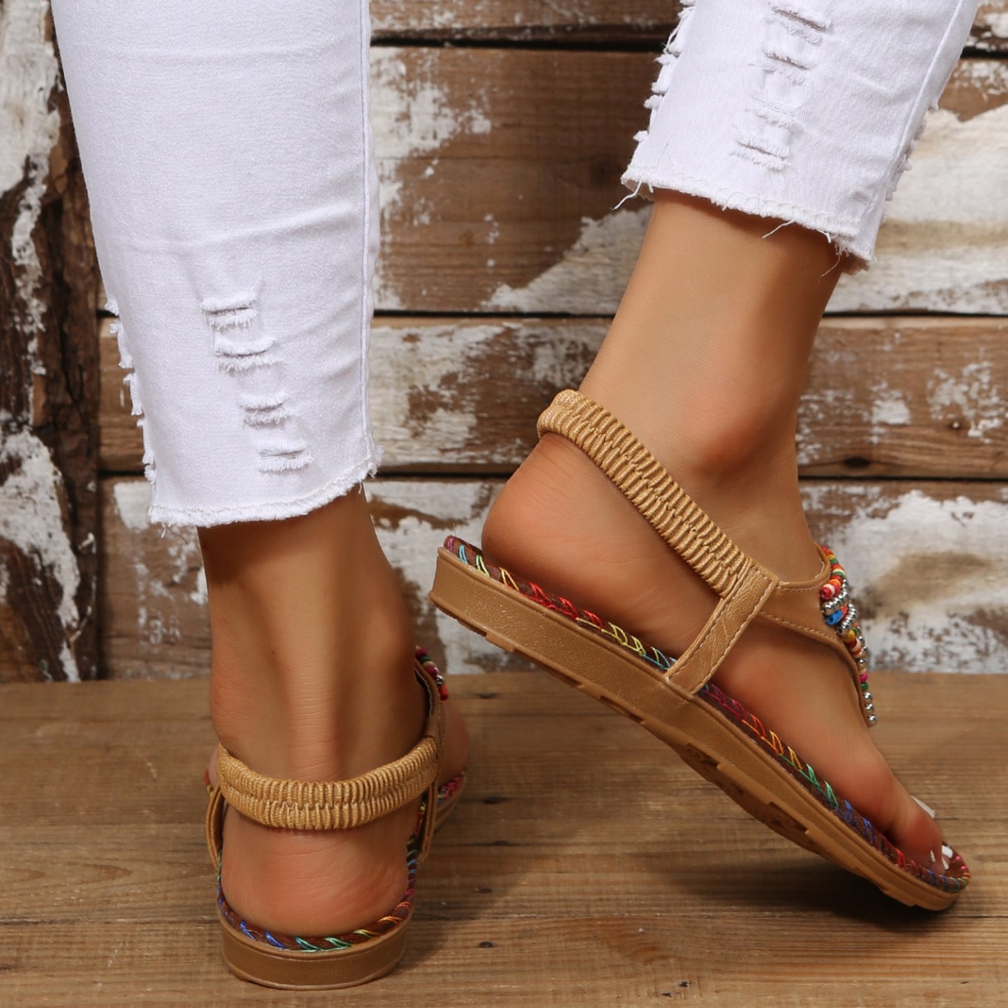 Beaded PU Leather Open Toe Sandals-BT8D