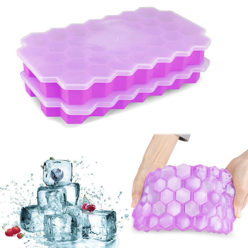 Ice Cube Tray, Set of 2 Honeycomb Shape Silicone Ice Cube Mold with Lid Storage
