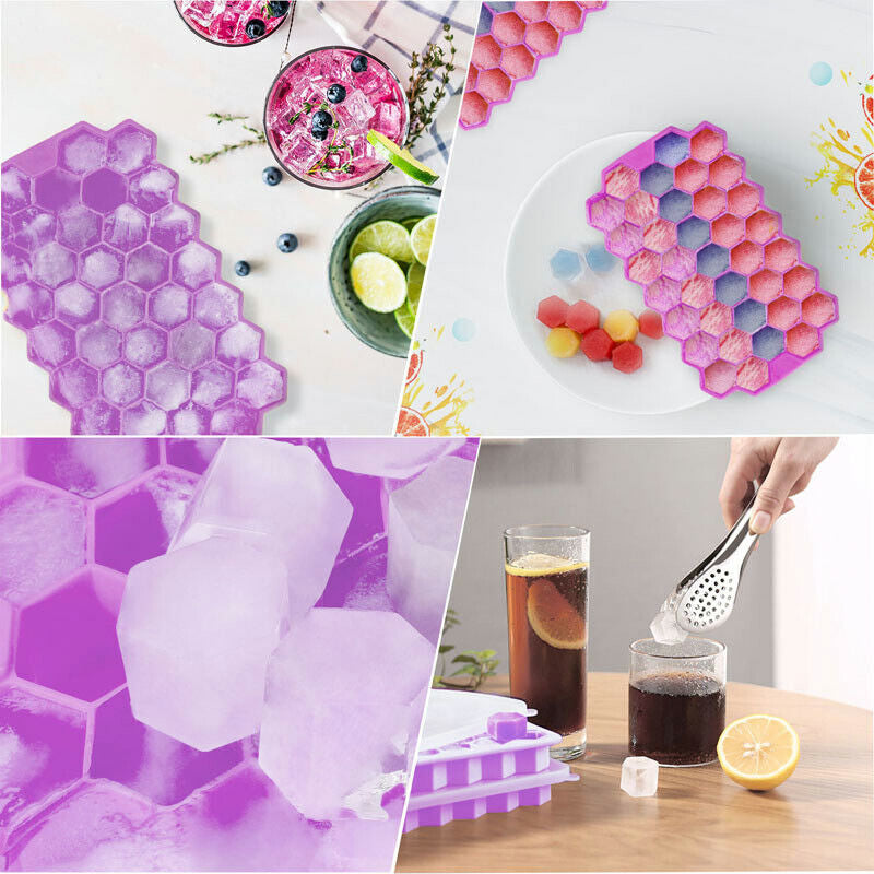 Ice Cube Tray, Set of 2 Honeycomb Shape Silicone Ice Cube Mold with Lid Storage