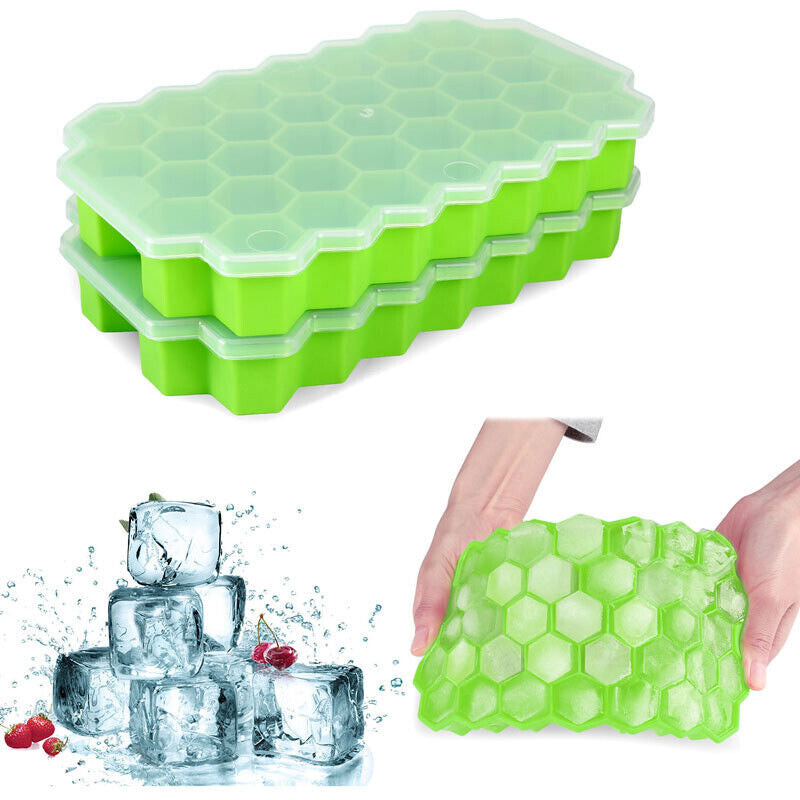 Ice Cube Tray, Set of 2 Honeycomb Shape Silicone Ice Cube Mold with Lid Storage