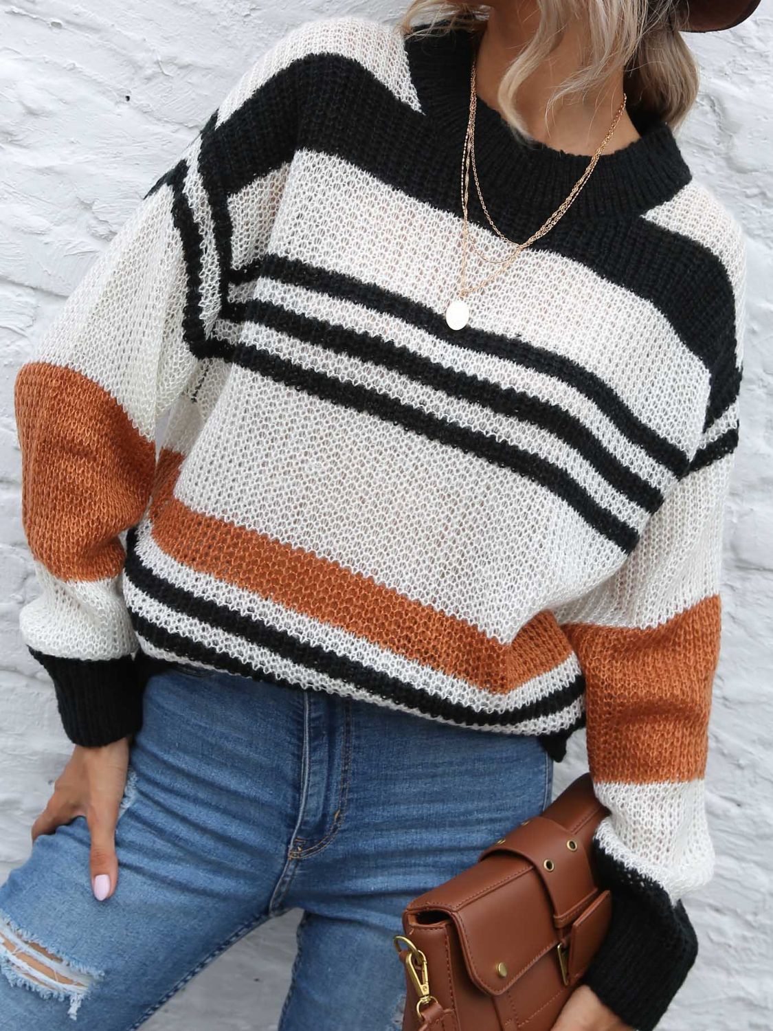 Contrast Striped Round Neck Long Sleeve Sweater-BT8D