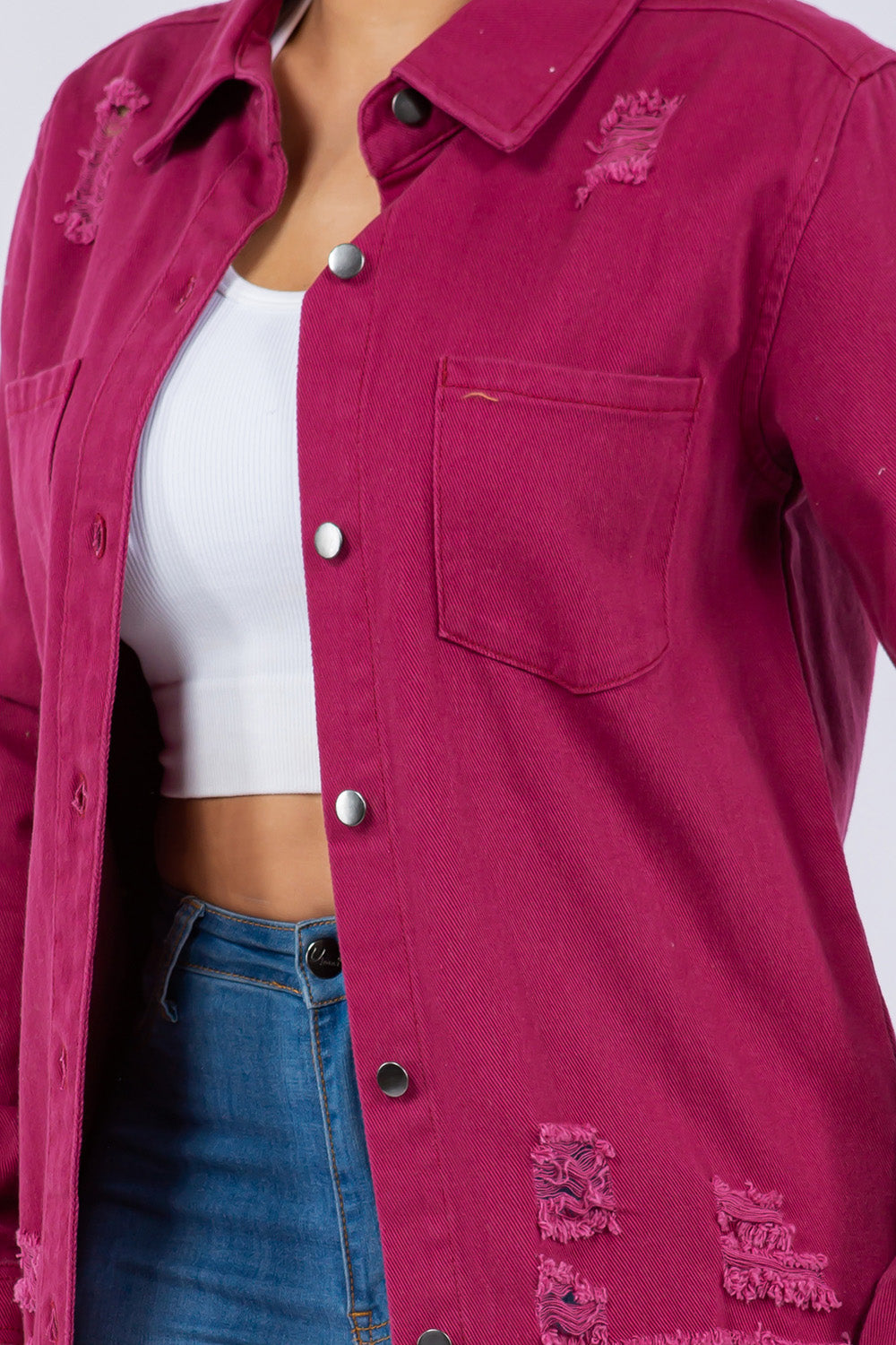 American Bazi Distressed Button Up Long Sleeve Denim Jacket-BT8D