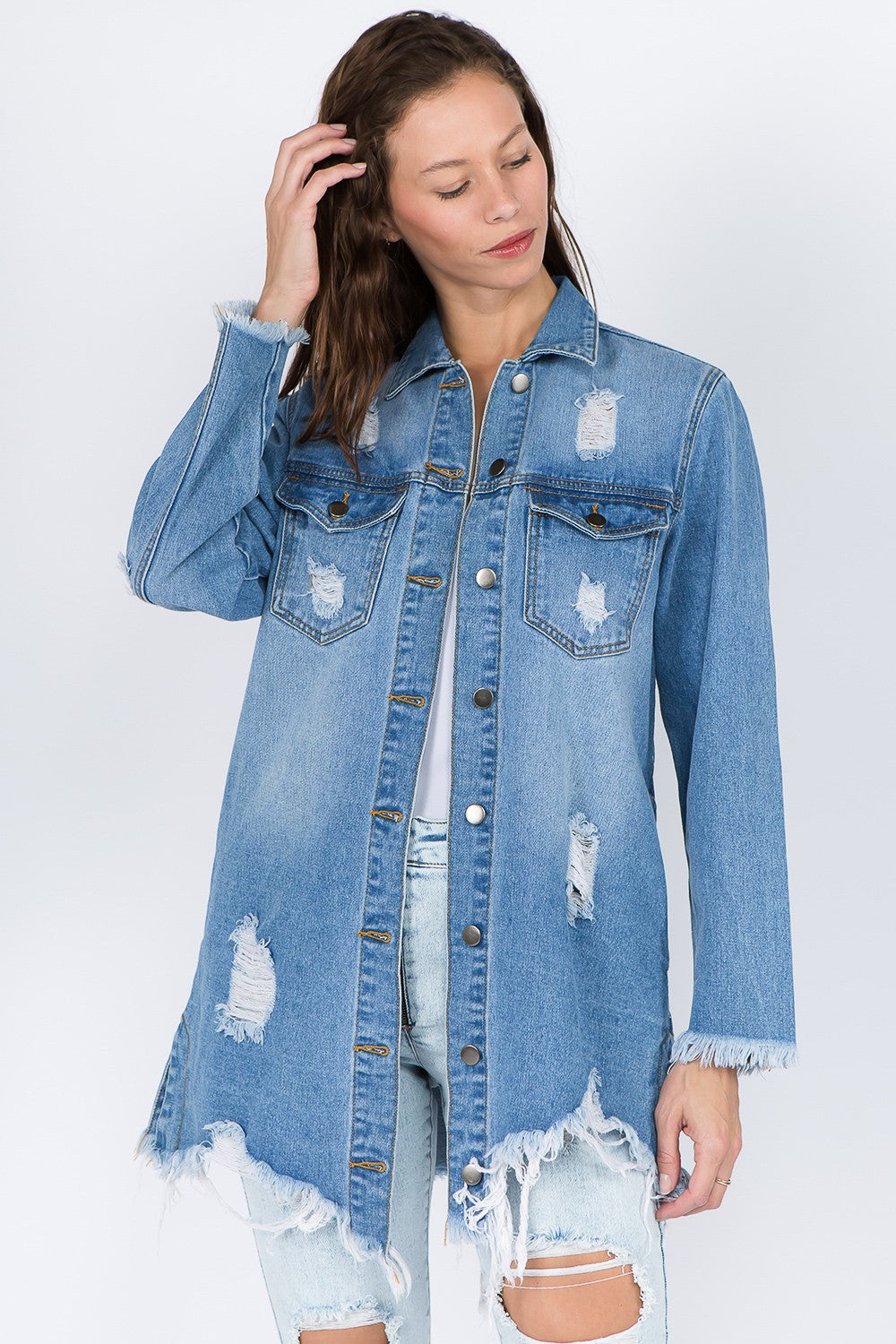 American Bazi Distressed Frayed Hem Denim Jacket-BT8D