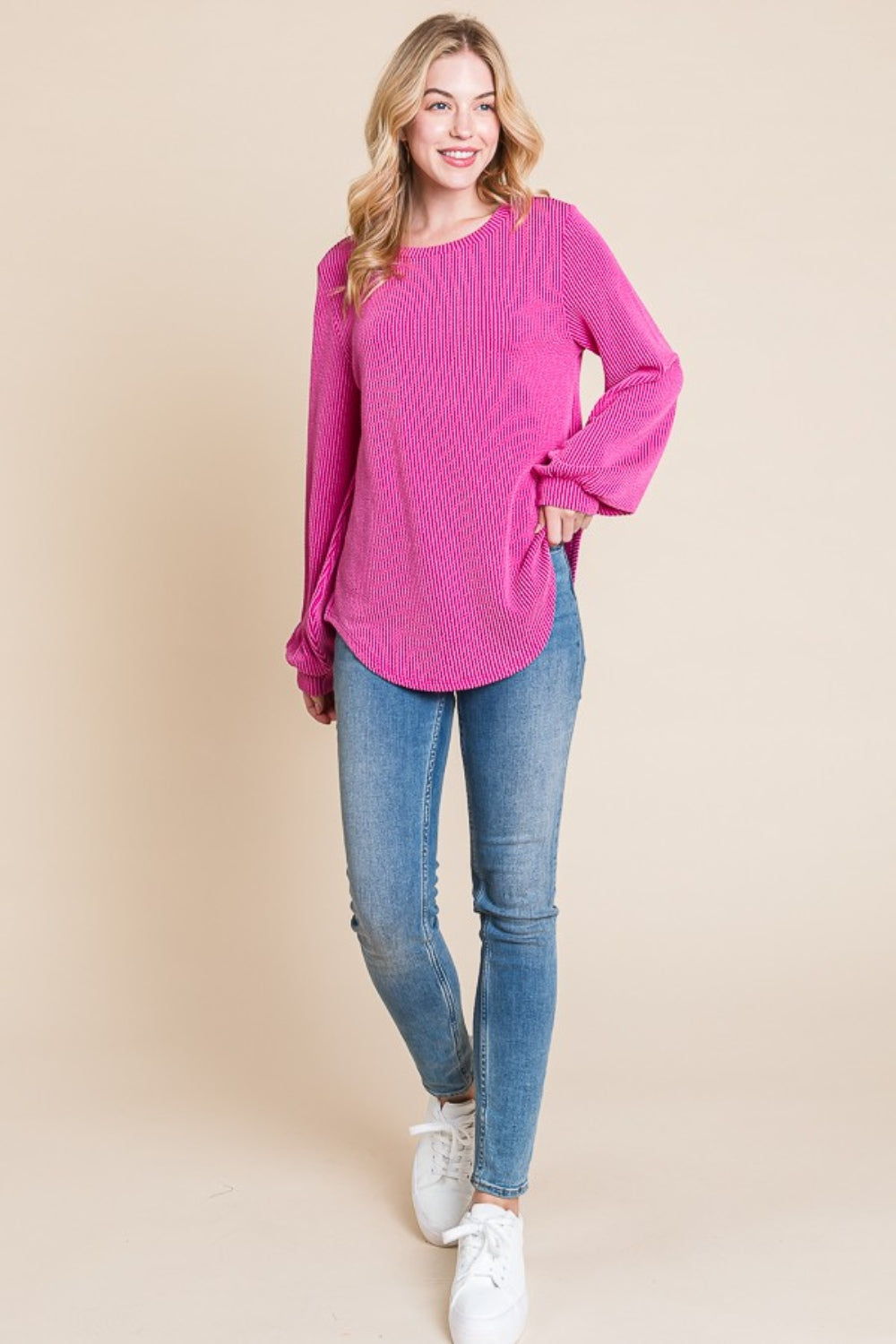 BOMBOM Long Sleeve Curved Hem Ribbed T-Shirt-BT8D