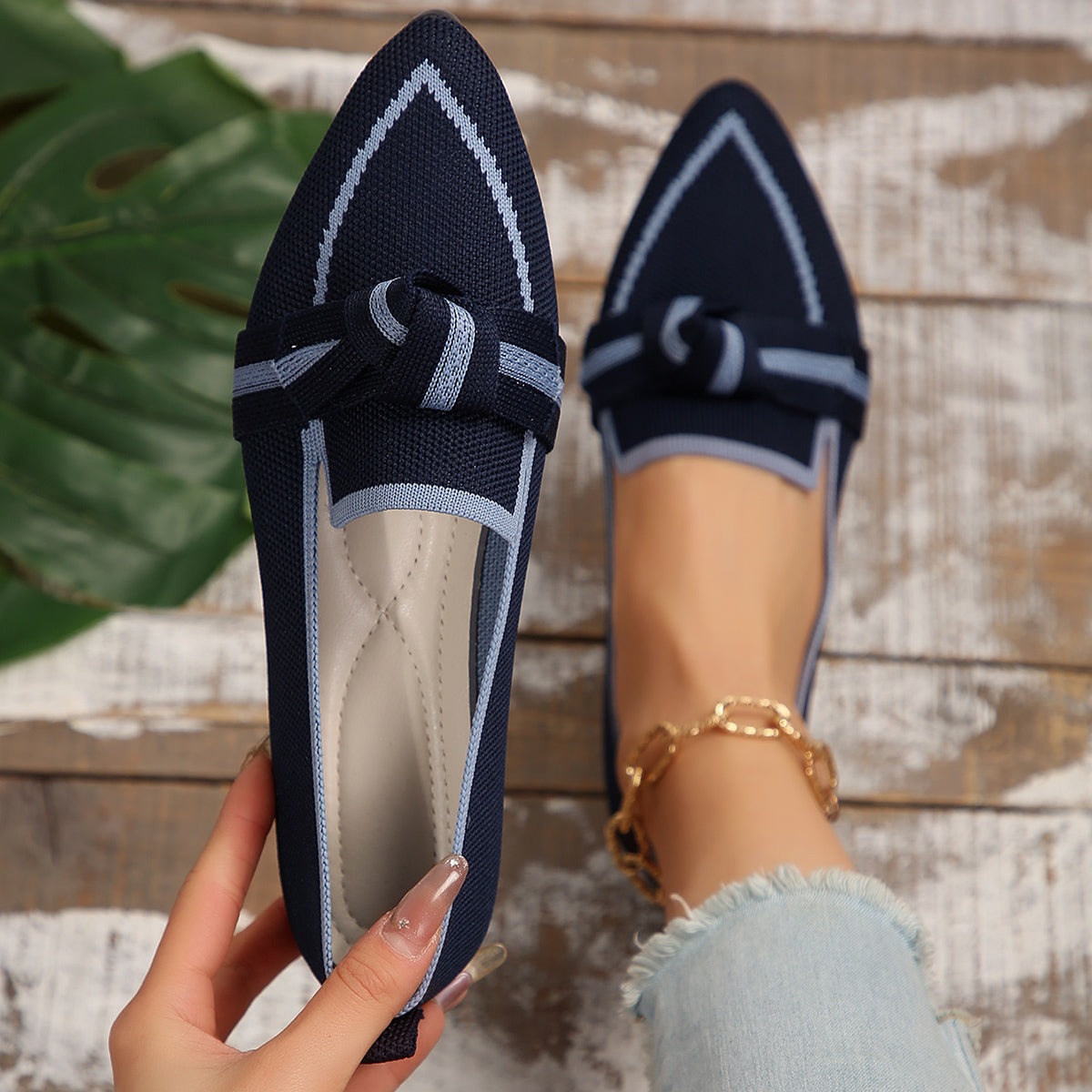 Bow Contrast Trim Point Toe Loafers-BT8D