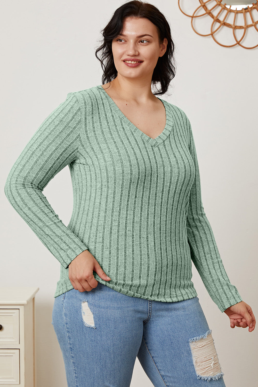 Basic Bae Full Size Ribbed V-Neck Long Sleeve T-Shirt-BT8D