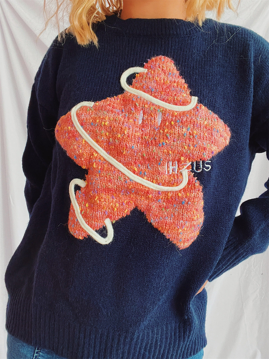 Contrast Star Round Neck Long Sleeve Sweater-BT8D